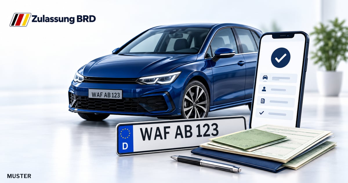Online Fahrzeugzulassung in Ahlen: Musterkennzeichen WAF AB 123, Auto und Fahrzeugpapiere und Smartphone. Illustration mit Logo von Zulassung BRD.
